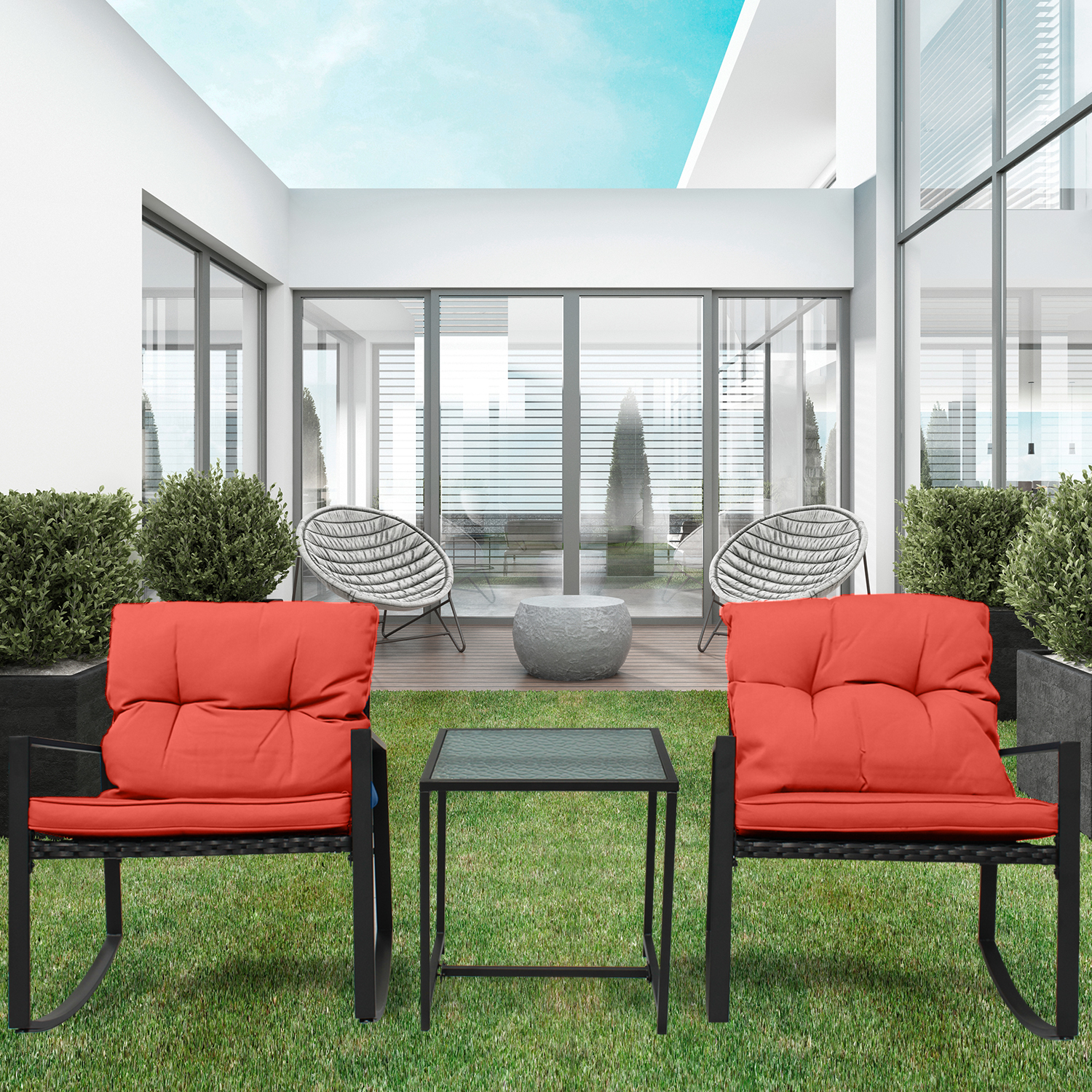 Patio 3-Piece Rocking&nbsp;Rocking Chair Set: Black Wicker Furniture-Two Chairs with Glass&nbsp;occasional&nbsp;Table - image 1 of 7
