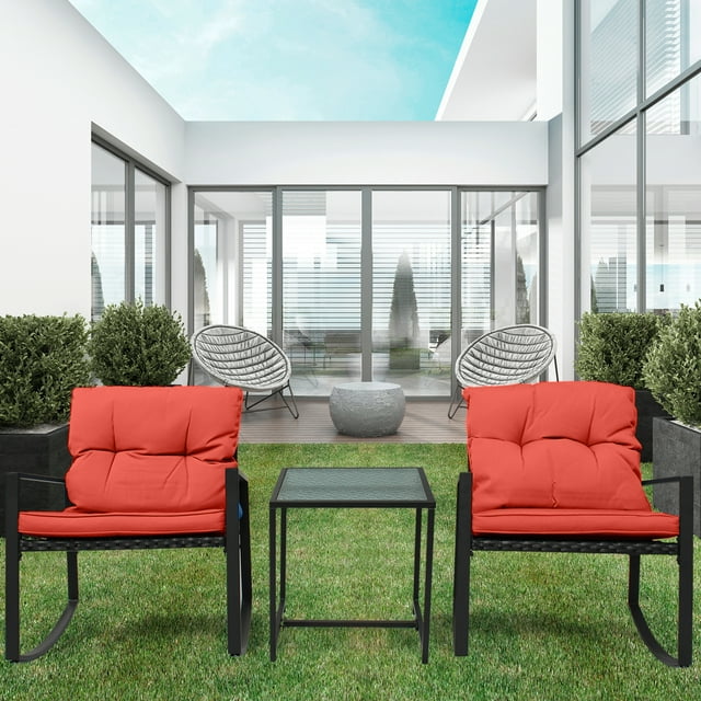 Patio 3-Piece Rocking&nbsp;Rocking Chair Set: Black Wicker Furniture-Two Chairs with Glass&nbsp;occasional&nbsp;Table