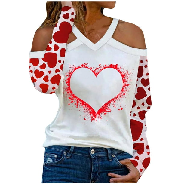 ZQGJB Womens Tops Casual V Neck Love Heart Print T Shirts Holiday Long  Sleeve Valentine Day Tunic Tees Lightweight Pullover Blouse(White,L)