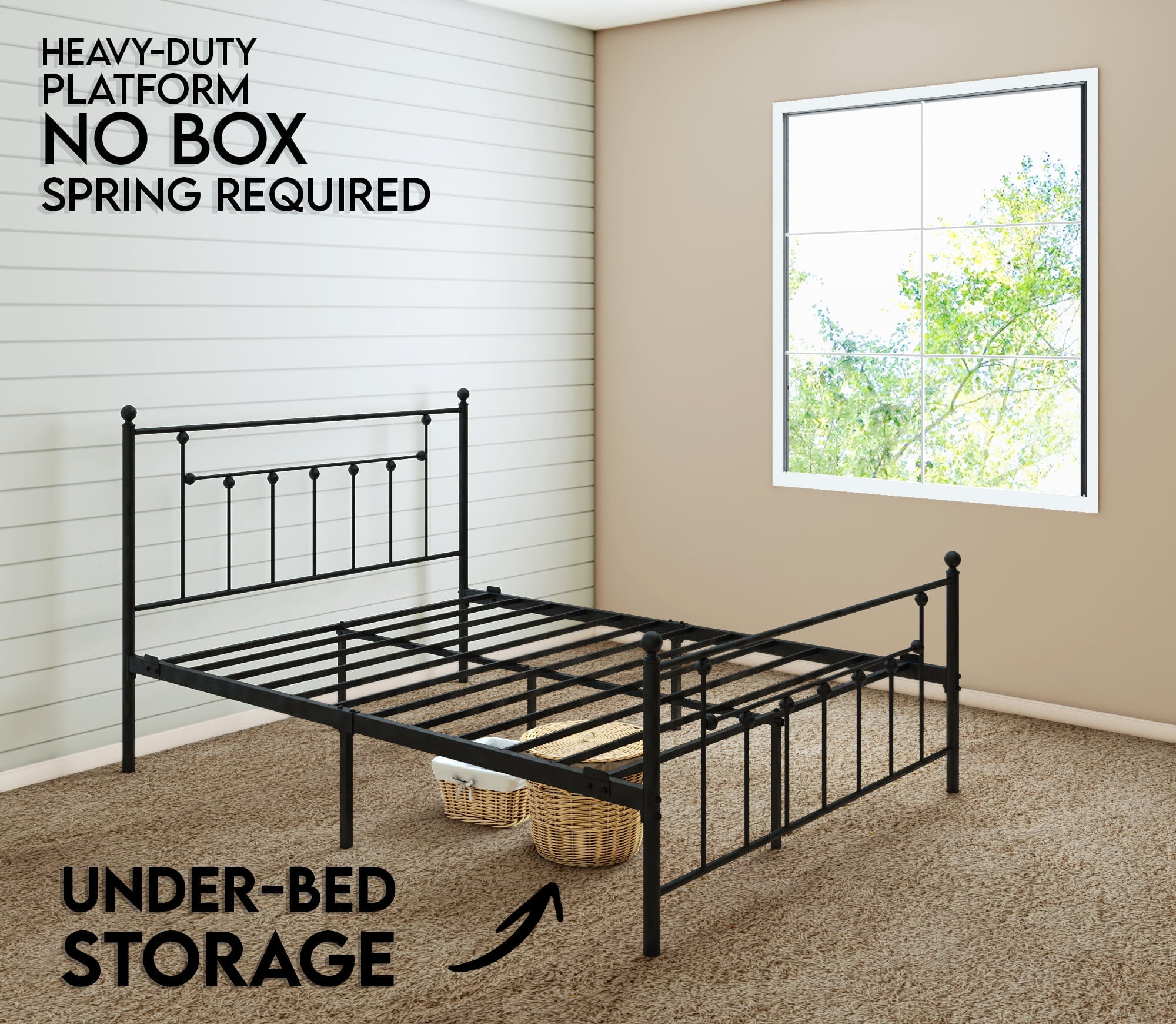 Golden Gate Beds Victorian Style Metal Platform Bed Frame with Antique Wrought Iron-Art Headboard and Footboard, Classic Cama Steel Mattress Foundation, No Box Spring Needed, King Size, Black Finish