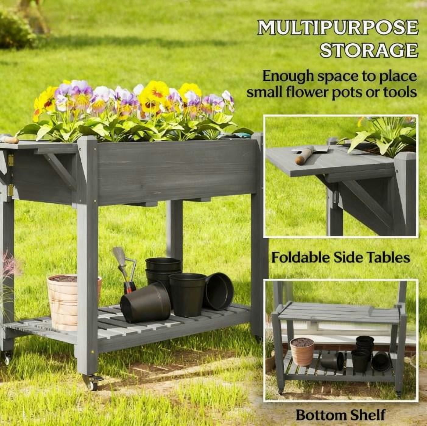 Elevated Garden Bed, Wood Raised Planter Box with Lockable Wheels, Side Tables, Bottom Shelf, Drain Holes
