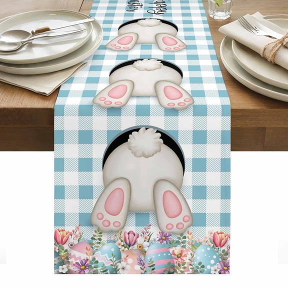 Easter Bunny Table Runner - 48 Inch Long, Kitchen Dining Table Runner Dresser Scarves, Colorful Eggs Cute Rabbit Blue White Check Farmhouse Decor for Coffee Tables Wedding Party Banquet