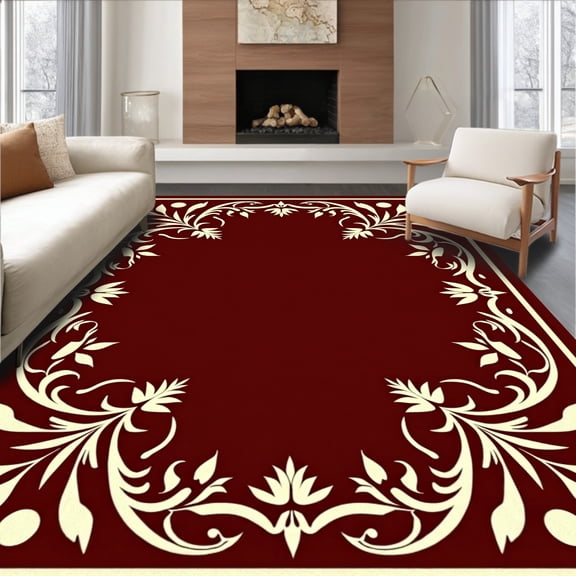 ODIKA 4'x6' Machine Washable Non-Slip Area Rug, Laurel Motif with Interlocking Vine Details High Traffic Rug, Burgundy, 604418