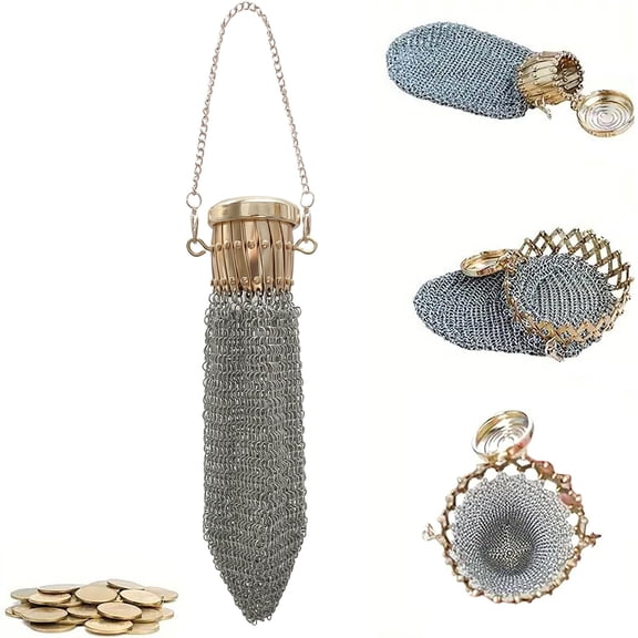 Handmade Vintage Coin Purse, Chain Metal Mesh Wallet For Coins, Dice, Jewelry, Cosmetics, Mini Double Holder Pouch