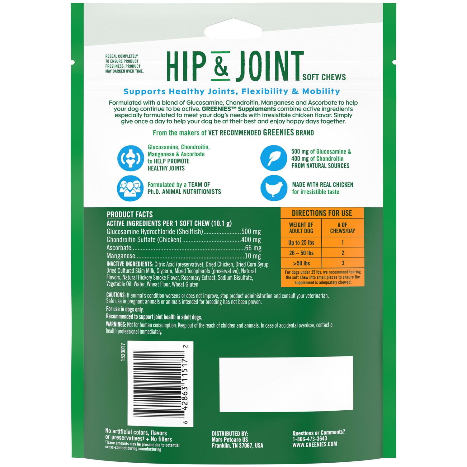 Greenies Hip and Joint Supplement Soft Chews for Dogs, Chicken Flavor, 30 Count Pouch