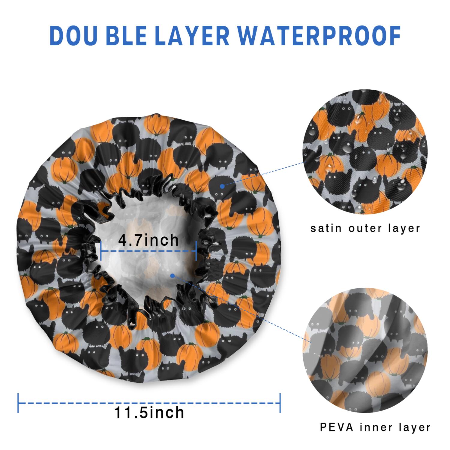 Shower Caps,Halloween Black Cat Pumpkin Pattern Waterproof Shower Cap for Women 4 Pieces,Double Reusable Hair Cover for Shower PEVA Elastic Stretch Hem
