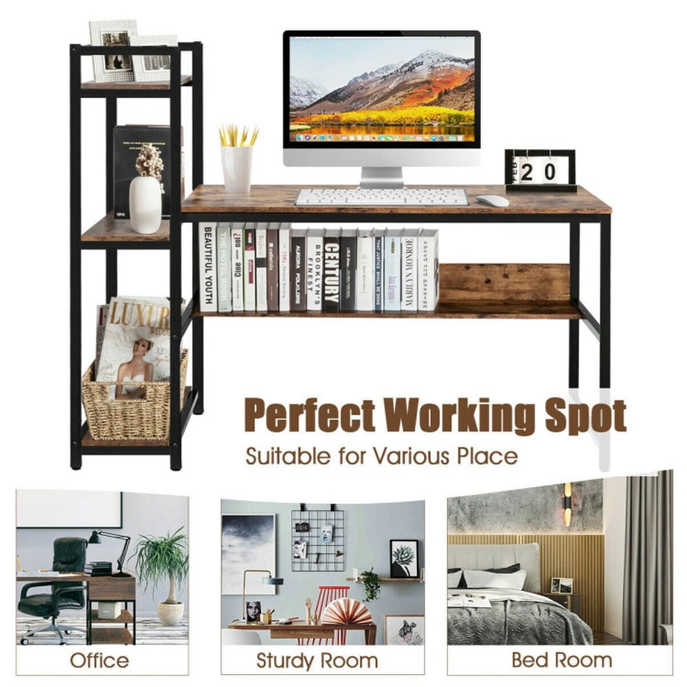 Demi Bonn 59" Computer Desk Office Workstation 4-Tier Storage Shelves, Small Home Study Writing Table, Brown