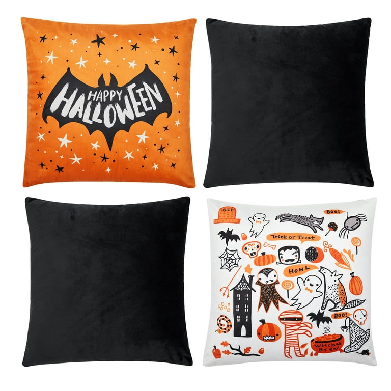Deconovo Halloween Decoration Throw Pillows, Set of 4 Velvet Outdoor Pillows for Couch, Sofa, Patios, Adult Unisex, Size: 16 x 16, Black