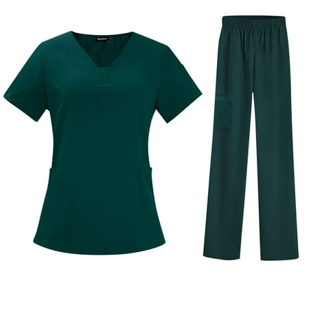 FrzhBrz Scrubs for Women V Neck Pocket Short Sleeve Top & Jogger Scrub Pants Nursing Uniform Yoga Jogger Pocketed Nurse Workwear