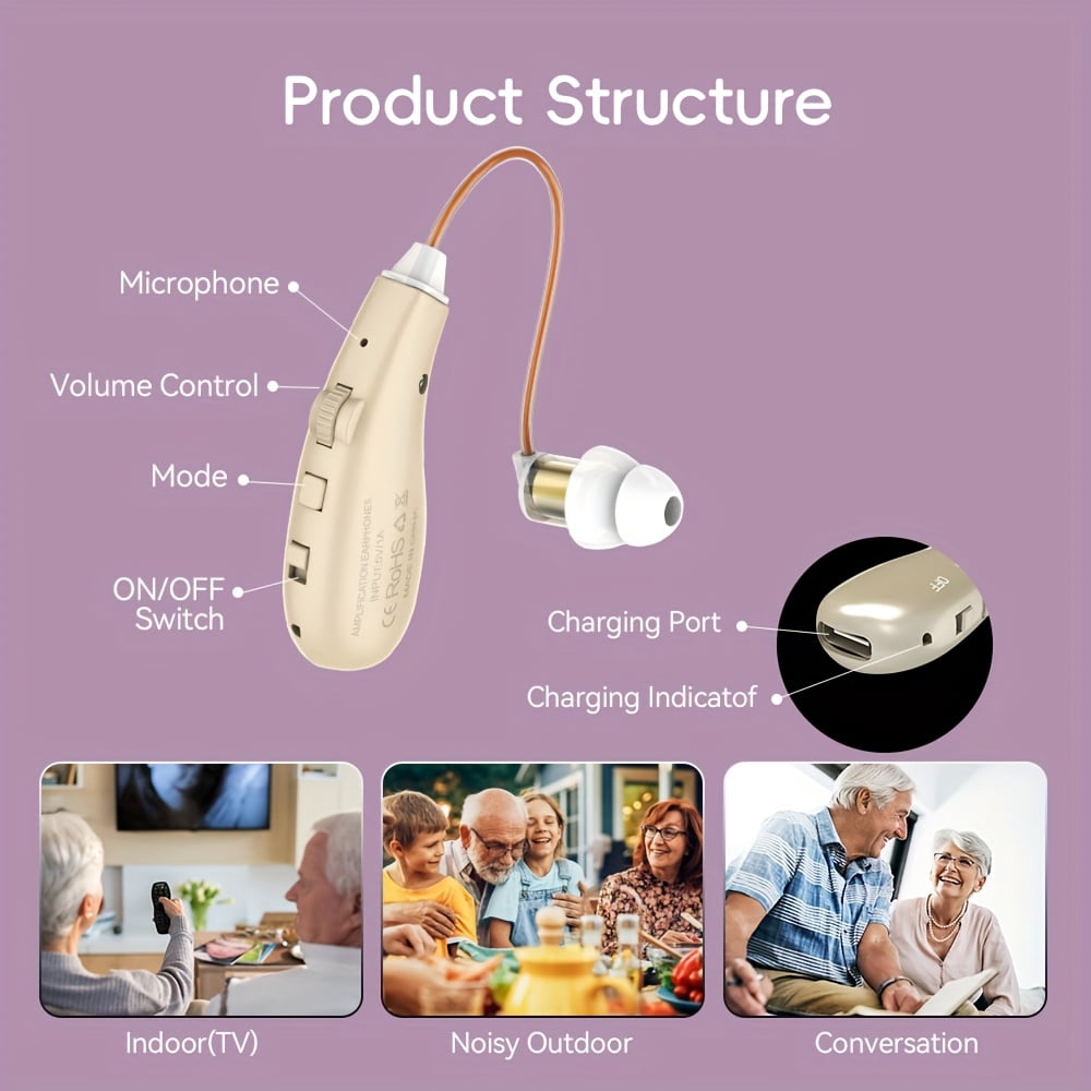 Rechargeable Hearing Amplifiers, Active Noise Cancelling In-Ear Headphones with Volume Control, Type-C Charging, Plastic Material, Lithium Polymer Battery (golden)