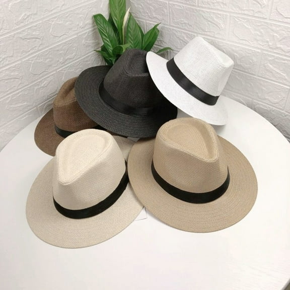 Riguas Band Decor Flat Dome Straw Hat Folding Thin Non-stuffy Anti-UV Men Big Brim Sunscreen Jazz Hat Fashion Accessories