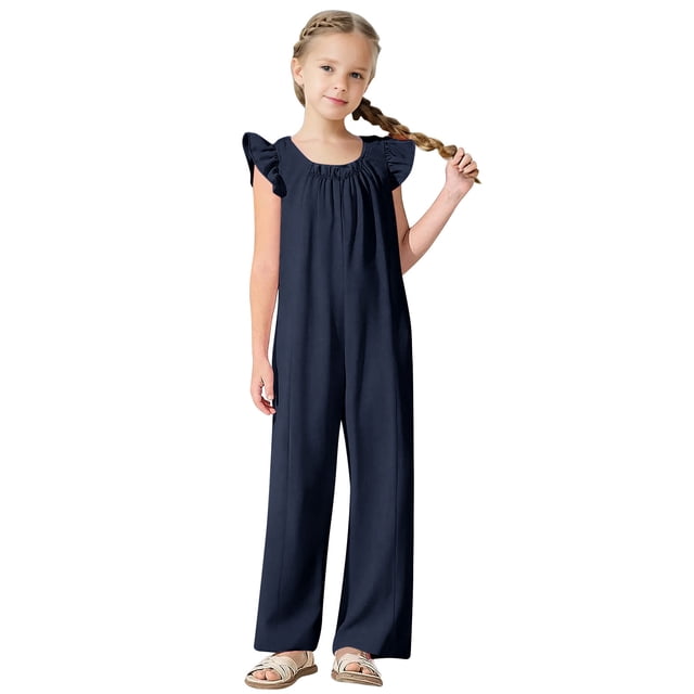 biudgviw Girls' Sleeveless Jumpsuits Fashion Cap Ruffle Sleeve Crew Neck Wide Leg Rompers with Pockets Spring Summer Outfits