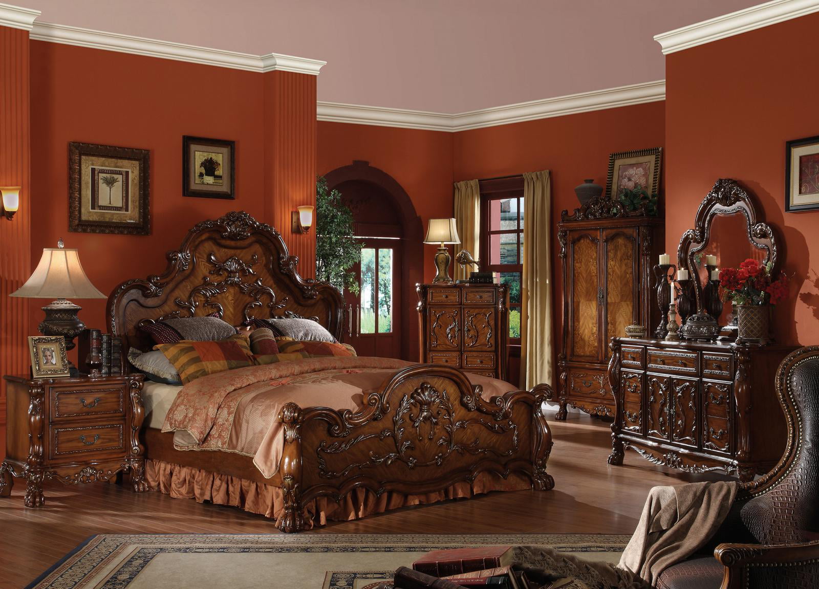 Cherry Oak King Bedroom Set 5pcs Carved, Oak Bedroom Sets King Size Beds