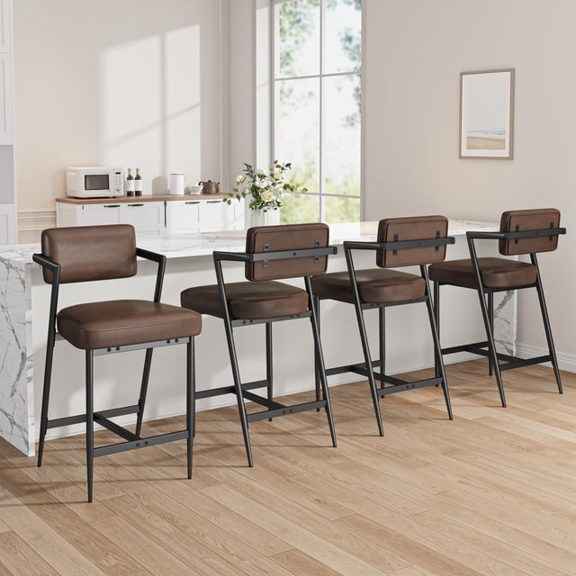 EDTara Upholstered Bar Stools 2-Pack, Counter Height Seating With Thick Cushions, Sturdy Metal Legs, Backrest and Footrest