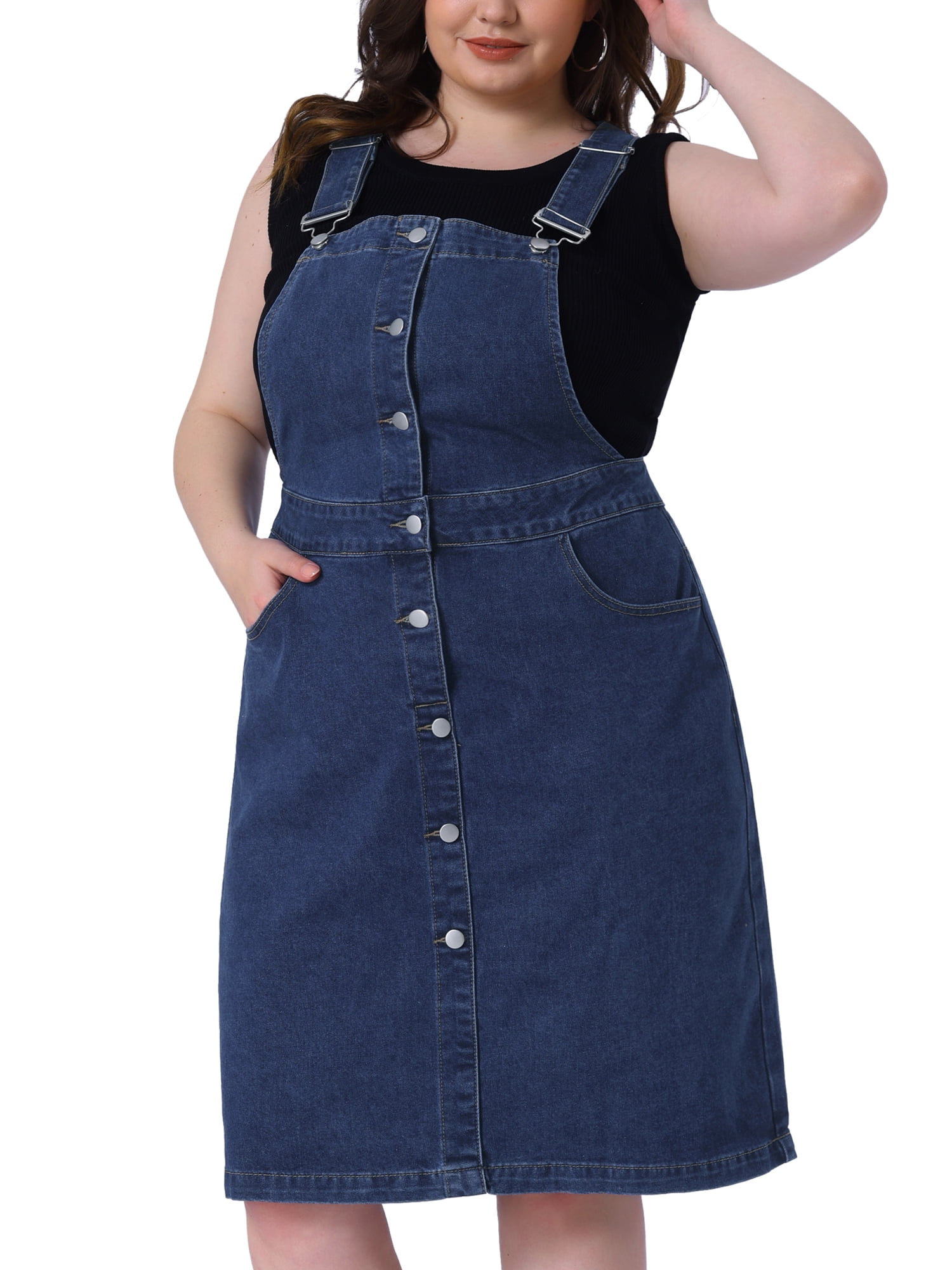 DARING DIVA Plus Women's Size Denim Button Front Adjustable Strap Skirt 4X Dark Blue