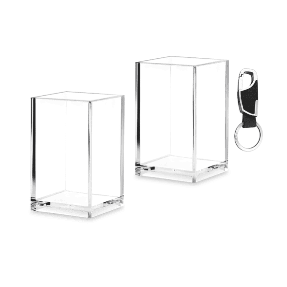 BLITZ SAT-USA Acrylic Pen Holder for Desk - Includes a Metal Keychain – Acrylic Pencil Holder Clear Makeup Brush Holder – Stationery Organizer for Office Desk Accessory - 2-Piece, 2.6x2.6x4