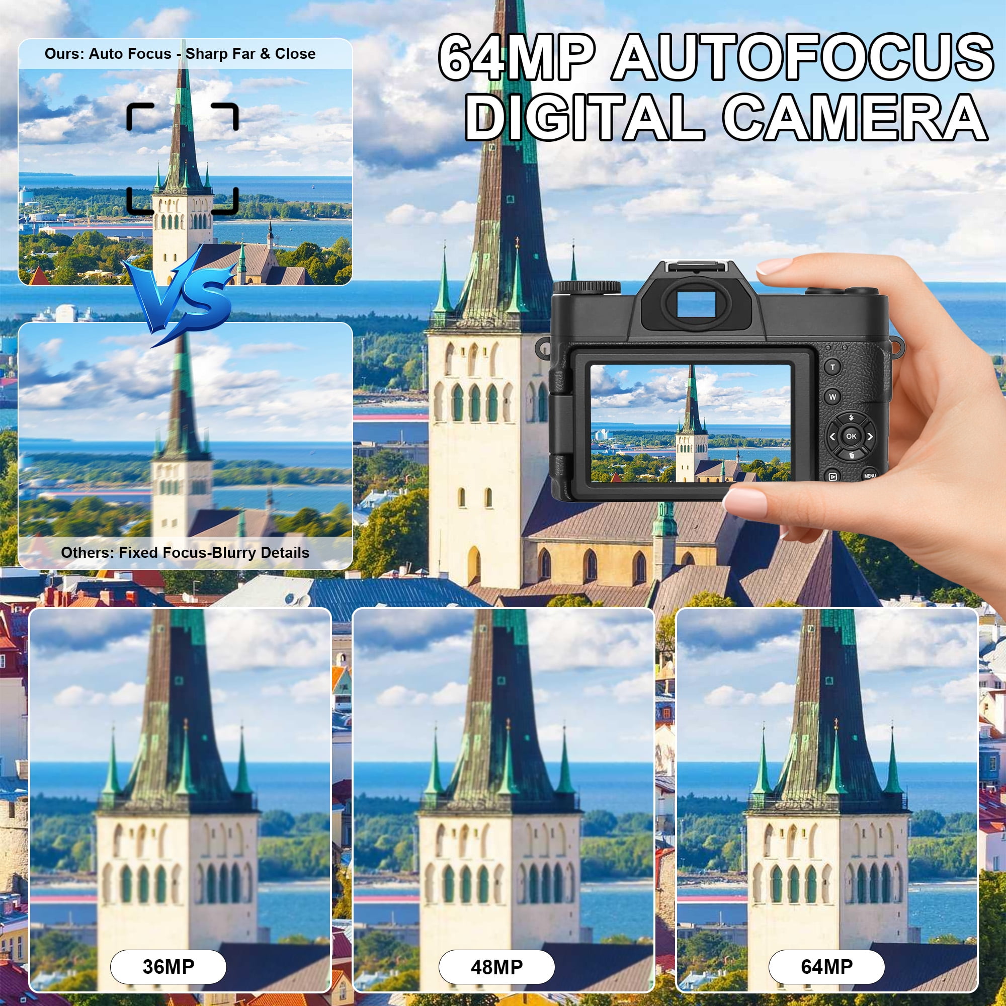 Ourlife 6K Digital Camera 64MP 16X Zoom WiFi, Wide-Angle & Macro Lens Autofocus WiFi Vlogging Camera for Youtube Tiktok Content Creator 64GB Card Black