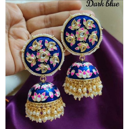 Traditional Dark Blue Meenakari Jhumka Earrings with Pearl Dangles – Handcrafted Indian Ethnic Jewelry