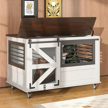 Extra Large Furniture Dog Crate with Flip Top, Farmhouse Dog Kennel Furniture with Wheels, Wood Dog Crate, Heavy Duty Dog Cage for Large Dogs Breed, Double Dog Crate XL