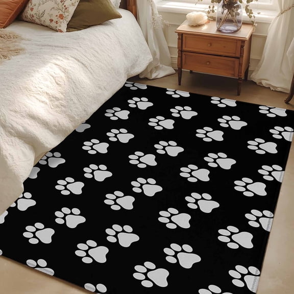Area Rug for Living Room, Pet Paw Printed Non-Slip Indoor Large Carpet for Bedroom/Dining Room, Modern Dog Footprints Black Grey Washable Low-Profile Rectangle Floor Runner Rugs - 4 x 6 Ft