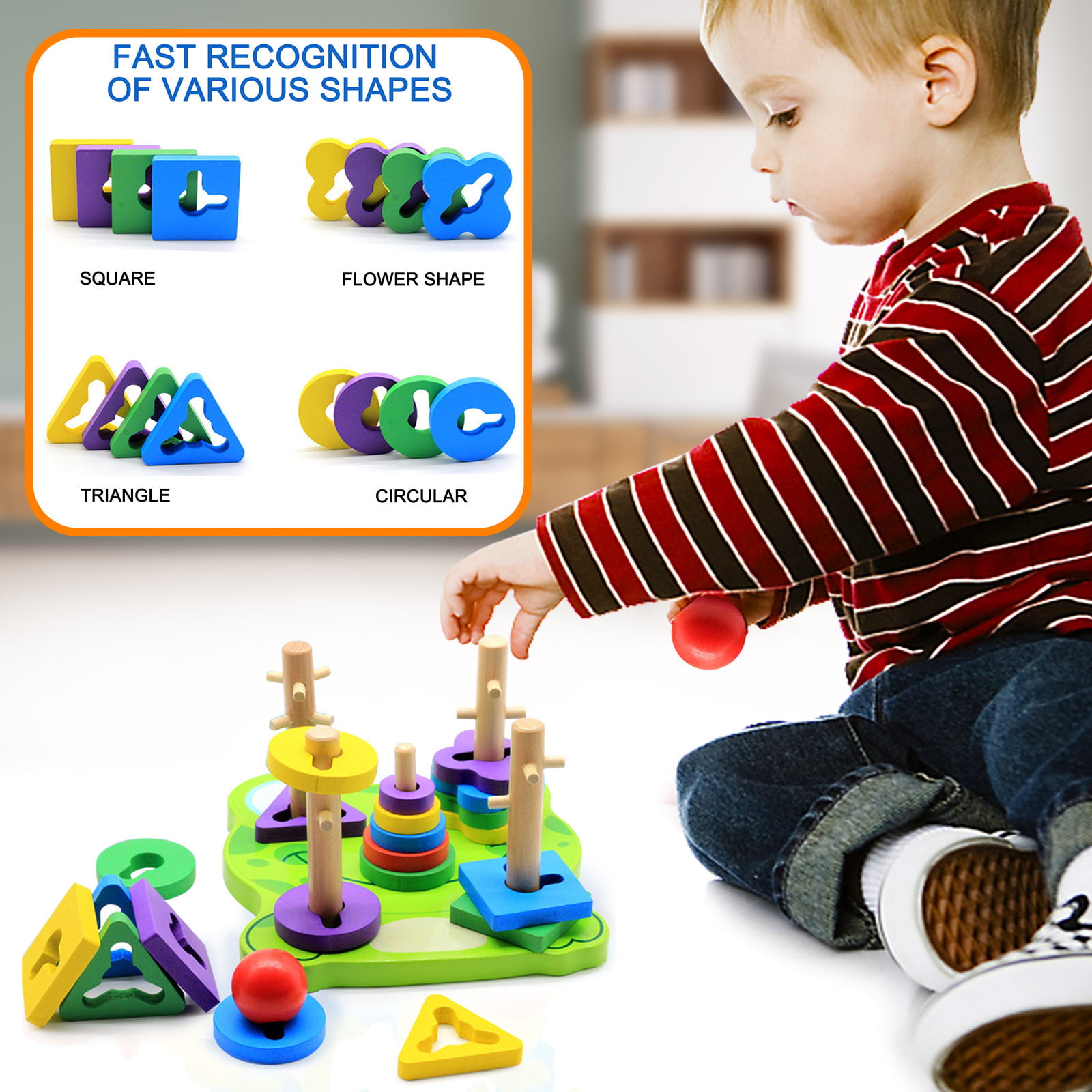 Color Shape Matching Educational Learning Toys for Kids Toddlers Boys and Girls Dreampark Wooden Rainbow Stacking Toy Stacker Nesting Puzzle Blocks 