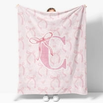 Coquette Pink Bow Throw Blanket, Personalized Initial Alphabet Fluffy Cozy Flannel Blanket, Monogrammed Gifts for Women, Unique Customized Blanket for Her Girls Christmas Birthday