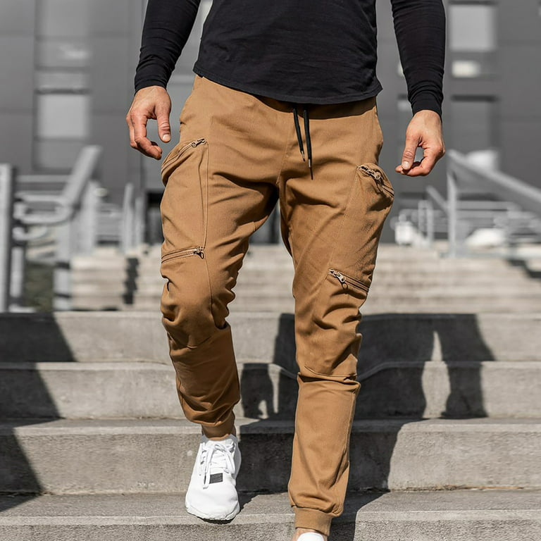Juebong Mens Pants Cargo Joggers Sweatpants Elastic Waist Button Pant Loose  Fit Chino Trousers with Pockets,Khaki,XXL 