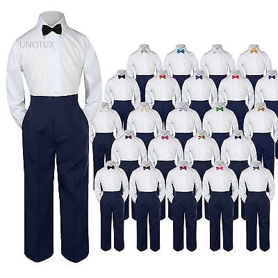 Baby Toddler Kid Boys Wedding Formal 3pc Set Shirt Navy Pants Bow Tie Suit S-7