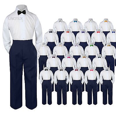 

Baby Toddler Kid Boys Wedding Formal 3pc Set Shirt Navy Pants Bow Tie Suit S-7