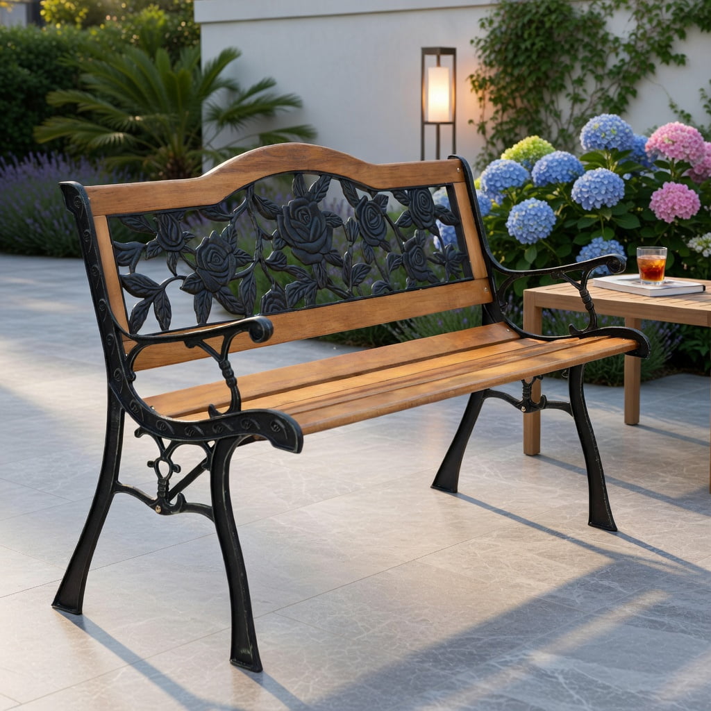 Hommoo Outdoor Wooden Garden Bench Loveseat with Powder-Coated Iron Frame, Heavy, Rust-Resistant, Easy Assembly, Black + Natural
