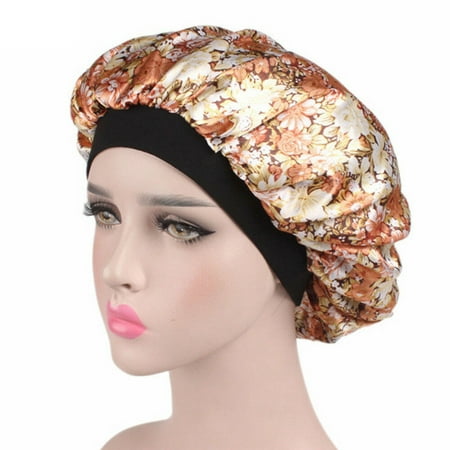 

Women Satin Night Beauty Salon Sleep Cap Cover Hair Bonnet Hat Silk Head Wide Elastic Band For Curly Springy Hair Chemo Cap