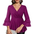 thumbnail image 3 of Otntypg Women's Dressy Blouses Ruffle 3/4 Sleeve Peplum Sparkly Tops Casual Fall Spring Wrapped V Neck Tunic Work Business T-Shirts Elegant Outfit Clothes Pink XXL, 3 of 7