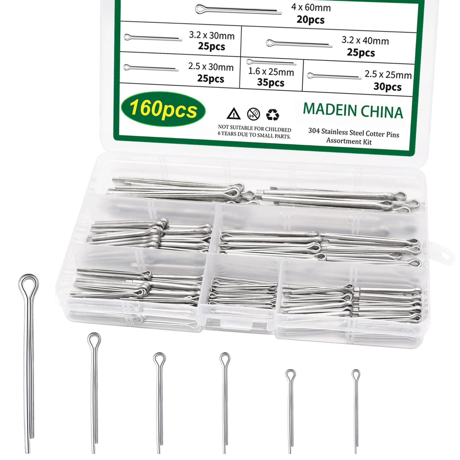 160Pcs Cotter Pin Set with Assortment Box Stainless Steel Safety Cotter Pin Set 6 Different Size for Car Garden
