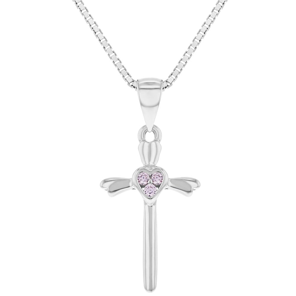 925 Sterling Silver Heart Pink CZ Cross Pendant Necklace Girls Children
