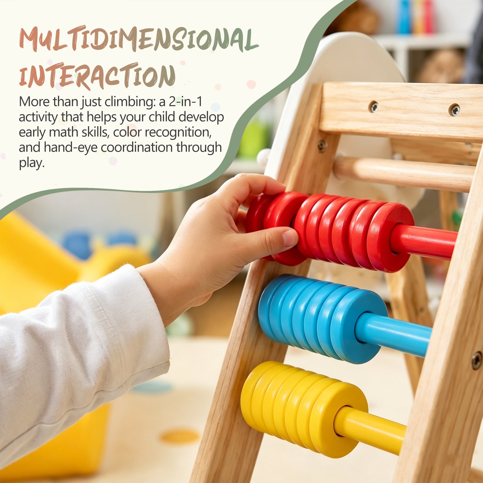 9 in 1 Foldable Kids Climbing Frame & Slide, Wooden Toddler Playground with Swing, Monkey Bars, Climbing Rock, Abacus Game, Indoor Outdoor Playset for Ages 3+, Natural Wood, 176LBS Capacity