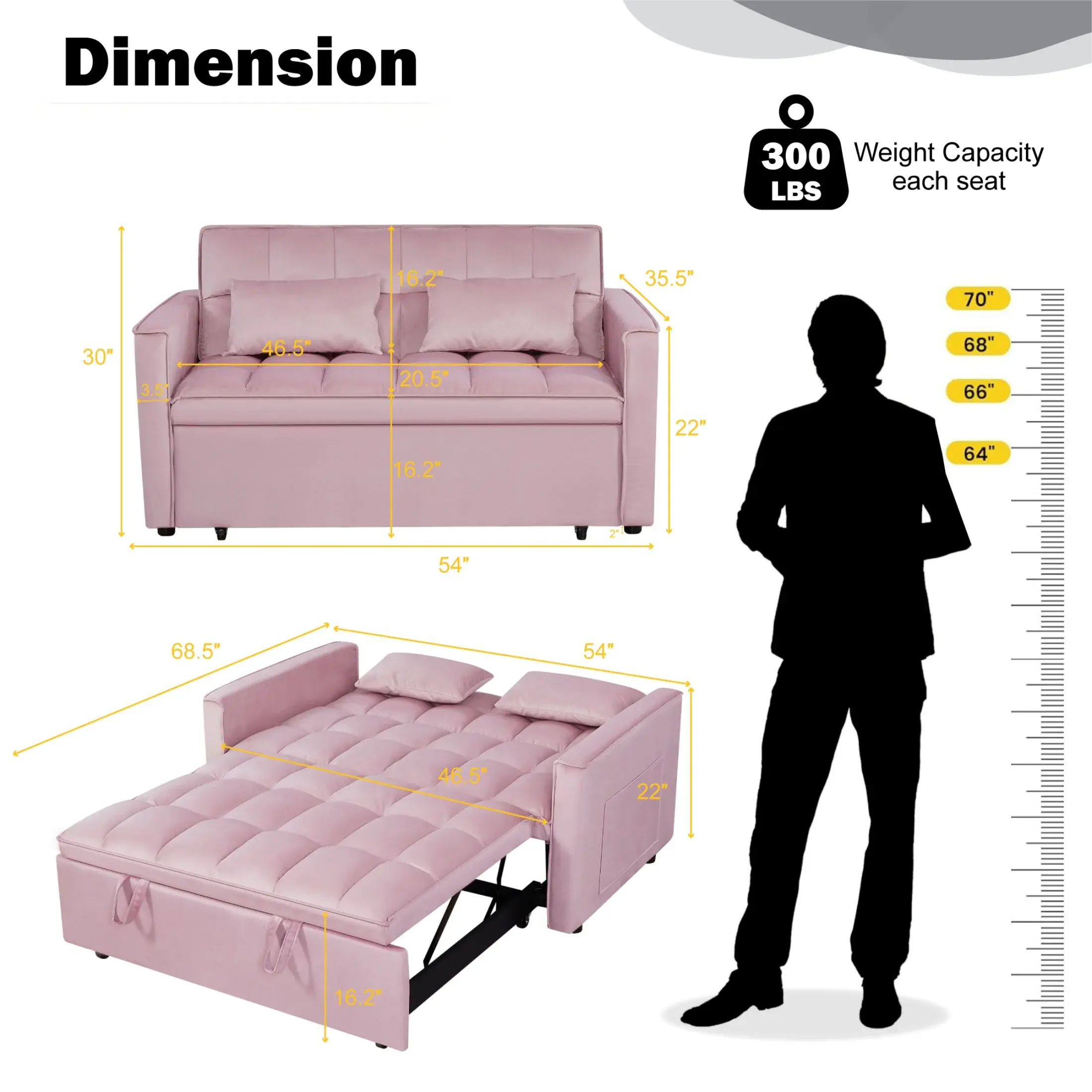 Gewnee 54" Modern Convertible Velvet Futon Sofa Bed with Pull-Out Sleeper and Adjustable Backrest, Loveseat Couch for Living Room or Office (Pink)