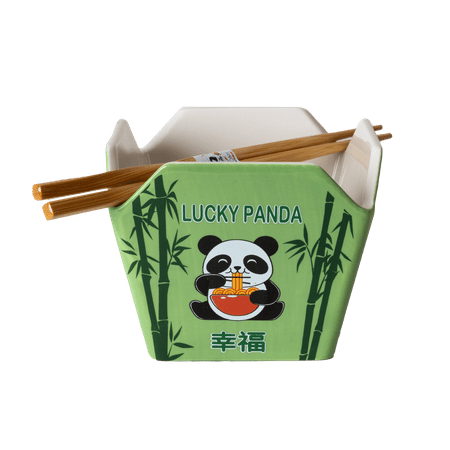 Chinese Takeout Box Style Porcelain Bowl with Chopsticks Lucky Panda Design 18 fl oz Square Shape
