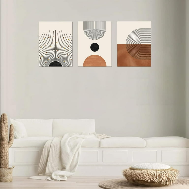 Framed Canvas Boho Wall Art, Mid Century Modern Wall Art, Set Of 3 Wall Art Prints 12"x16" Abstract Geometric Neutral Black Beige Boho Artwork Wall Decor For Bedroom Living Room Bathroom