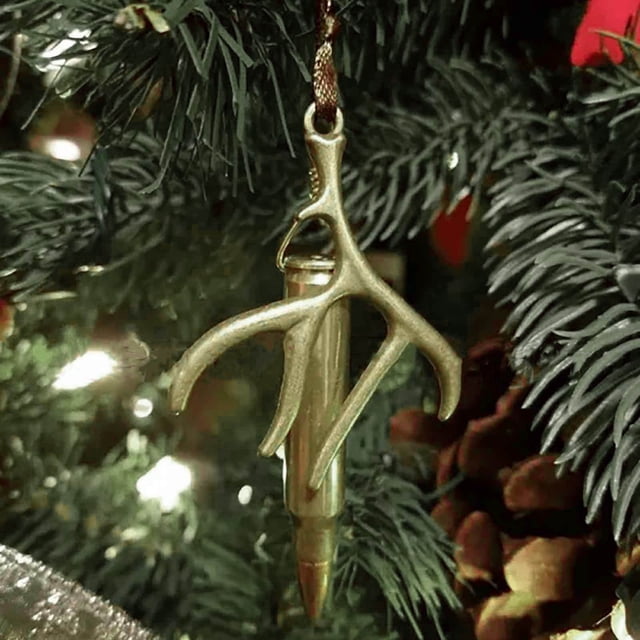 Antler and Bullet Metal Christmas Ornament Hunting Theme Tree Decor with Rustic Ribbon for Outdoorsmen