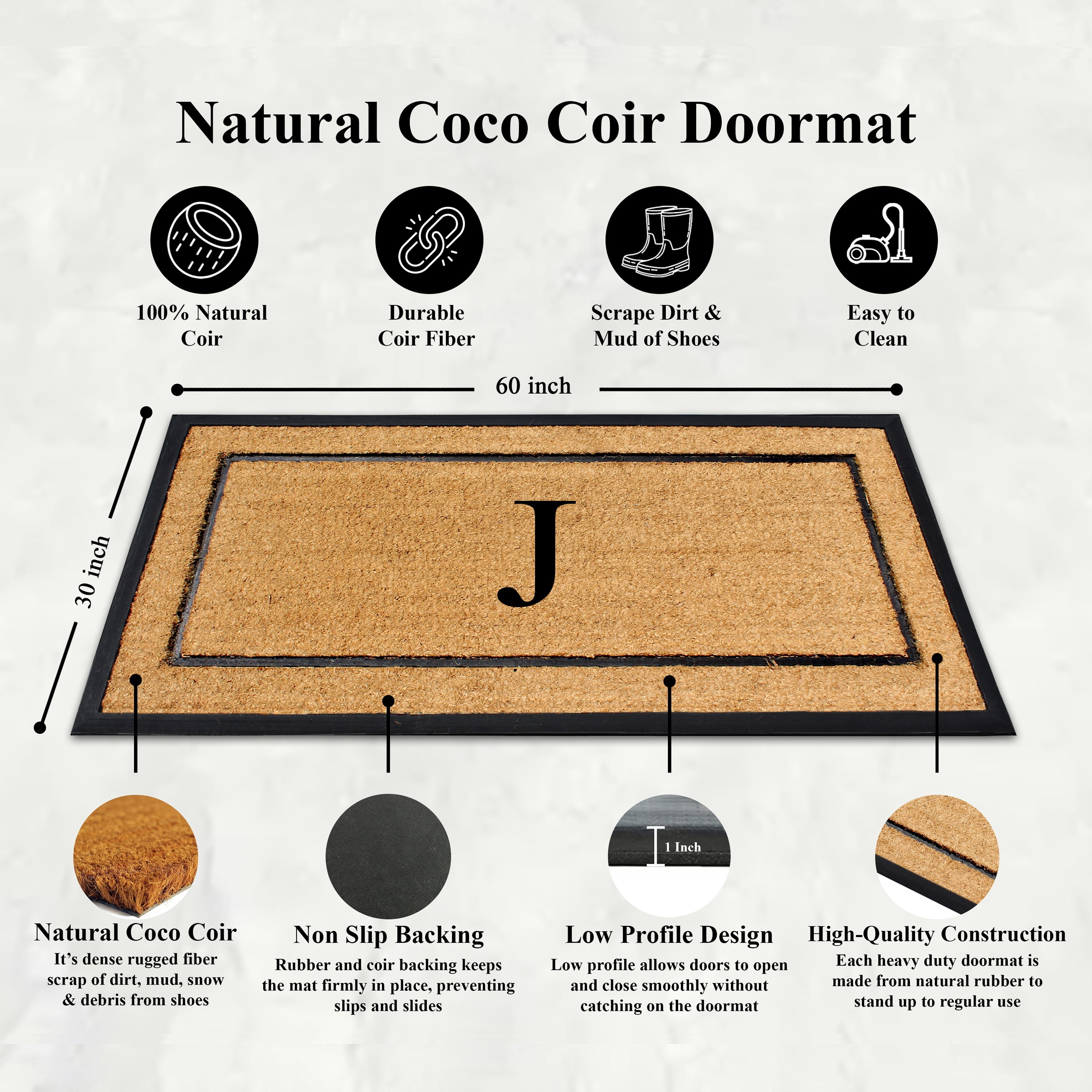 A1HC Natural Coir Monogrammed Doormat, Heavy-Duty Thin Profile Front Door Mat - 30"x60"