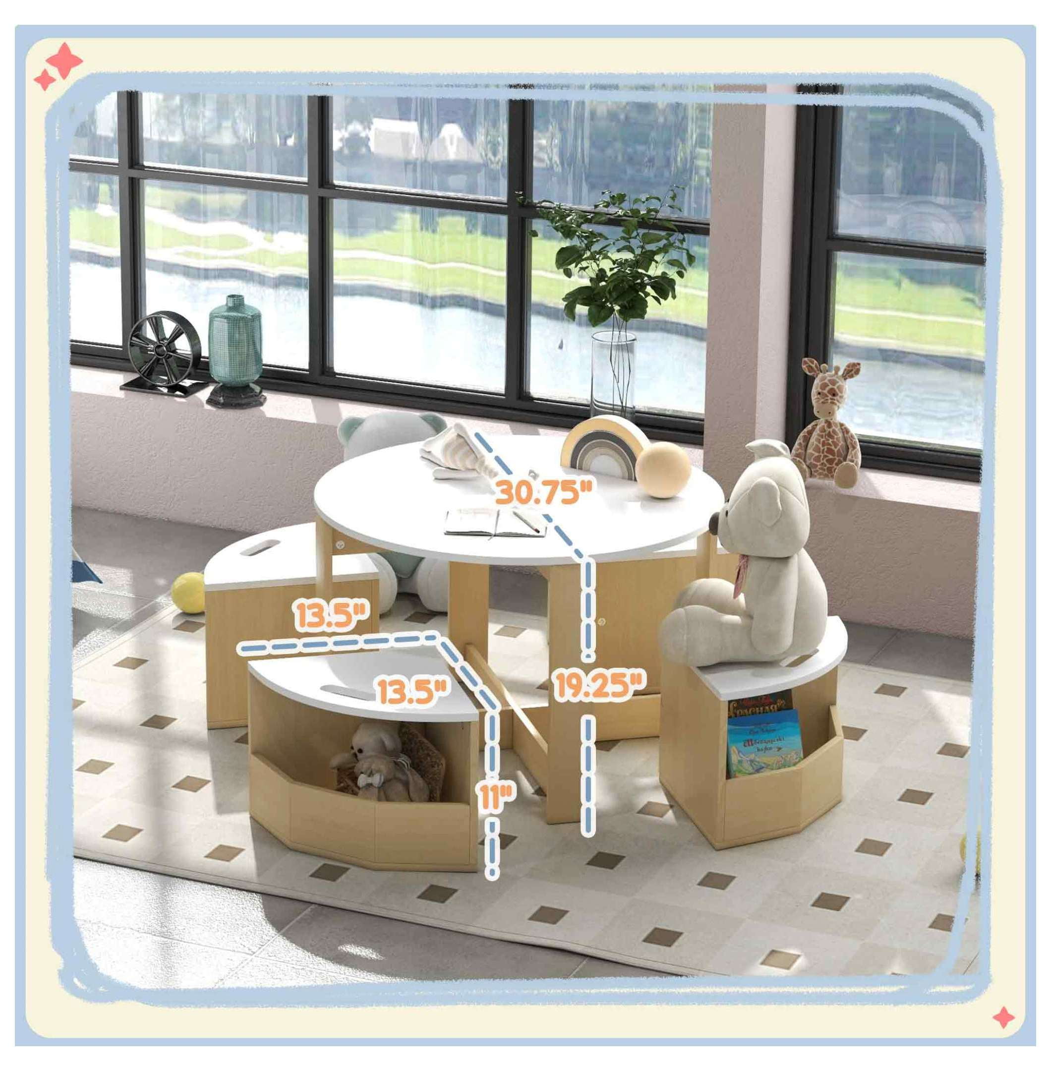 Qaba Kids Table and Chairs Set, 5 Piece Toddler Table and Chairs Set with Storage for Art, , Drawing, Playroom, Classroom, , White