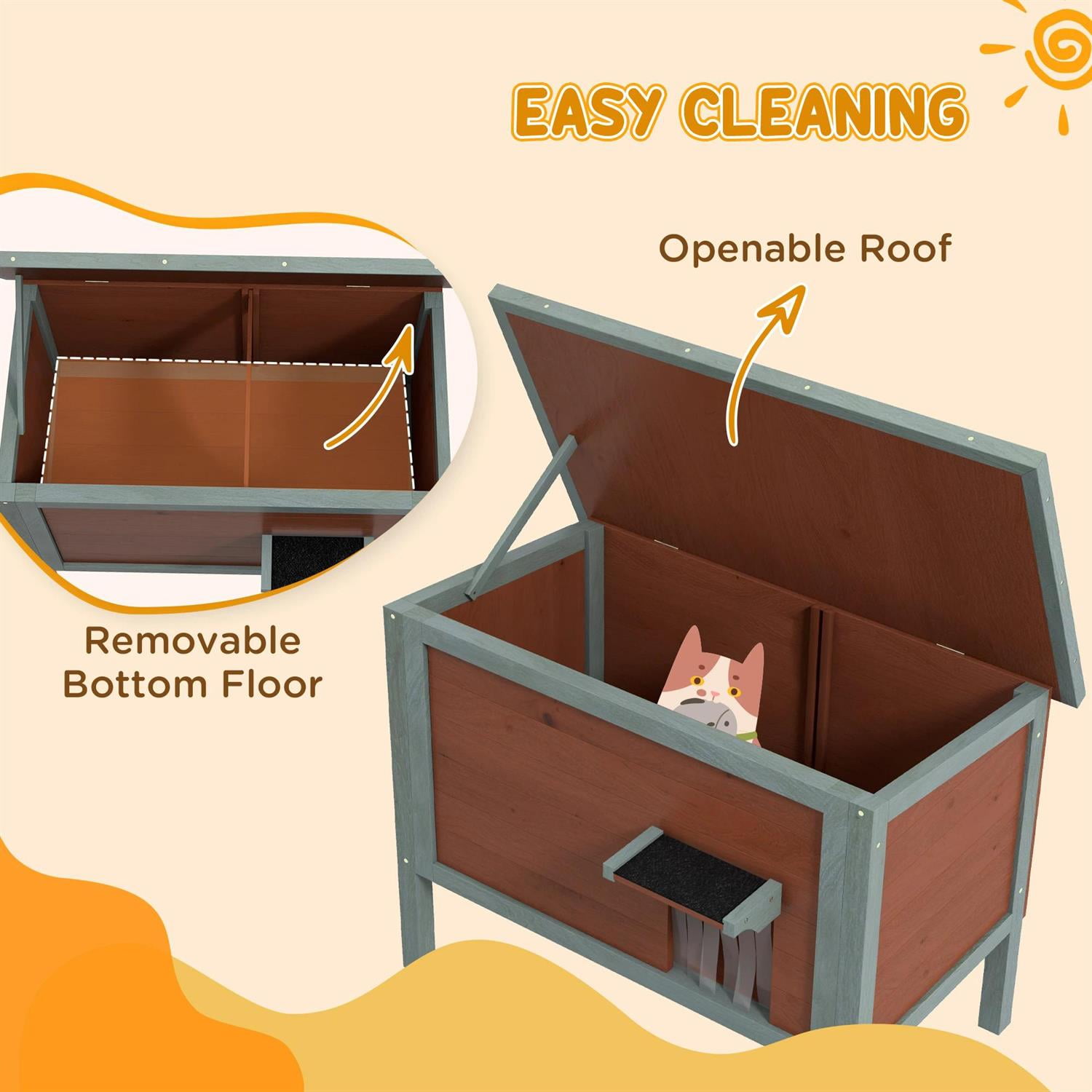 Pefilos Outdoor Weatherproof Cat House with Removable Floor, Wooden Feral Shelter for Cats and Small Animals, Brown