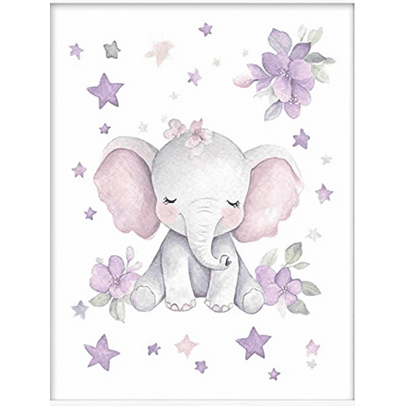 Cute Elephant with Flowers and Stars Canvas Wall Art, Perfect for Nursery, Bedroom, Living Room, Girl's Room, and Playroom Decoration.