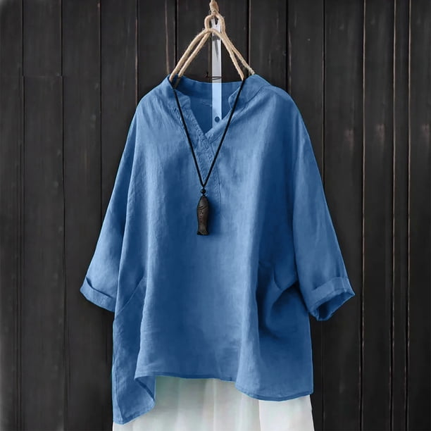 ICHUANYI Liquidación Camisas tipo túnica de algodón y lino con botones sueltos de manga larga con cuello en V para mujer Camisas de verano Blusa con bolsillo ICHUANYI WER202308232056