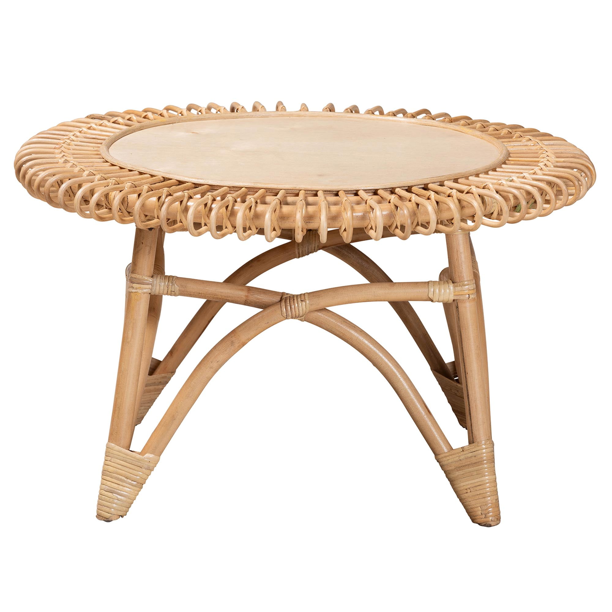 bali & pari Modern Round Natural Rattan Coffee Table, Natural Brown