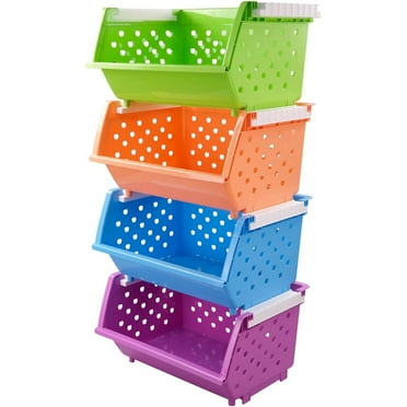 4-Pack Large Stackable Storage Bins, Colored Plastic Stacking Basket