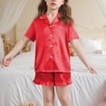thumbnail image 6 of OGLCCG Girls Silk Satin Pajama Set 2 Piece Short Sleeve Button Down Pjs Top and Short Sets Soft Sleepwear Nightwear for Teens Girls 5-15 Years, 6 of 6