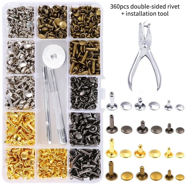 Remaches De Cuero De 3 Tamaños, 360 Uds., Remaches De Doble Tapa, Pernos Tubulares De Metal Con 4 Herramientas De Fijación Para Manualidades De Cuero Diy Minnieouse HA021661-00