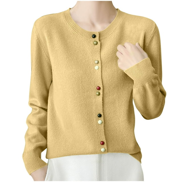 Kaemgyyd Cardigan Sweaters for Women Trendy Comfy Fall Crew Neck Button down Tops Lightweight Soft Work Office Sweater