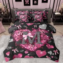 Homewish Initial M Letter Bedding Comforter Set, Kawaii Princess Bowknot King Bedding Sets, Romantic Love Heart Reversible Bed Sheets, Breathable Home Decor